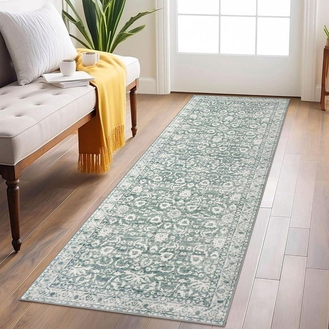 Lansny Vintage Floral 2x6 Runner Rug, Sage Green White Washable Kitchen Runner Rug Non-Slip Hallway Rug Runner Thin Printed Faux Wool Super Soft Carpet for Entryway Bedroom Laundry Room Indoor