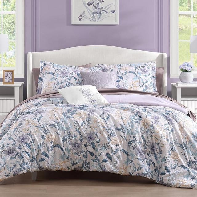 CASAAGUSTO King Comforter Set, 7 PCS Purple Iris Floral Comforter Set with Flowers Leaves Pattern, Soft Seersucker Design All Season King Size Bedding Set(102"X90")