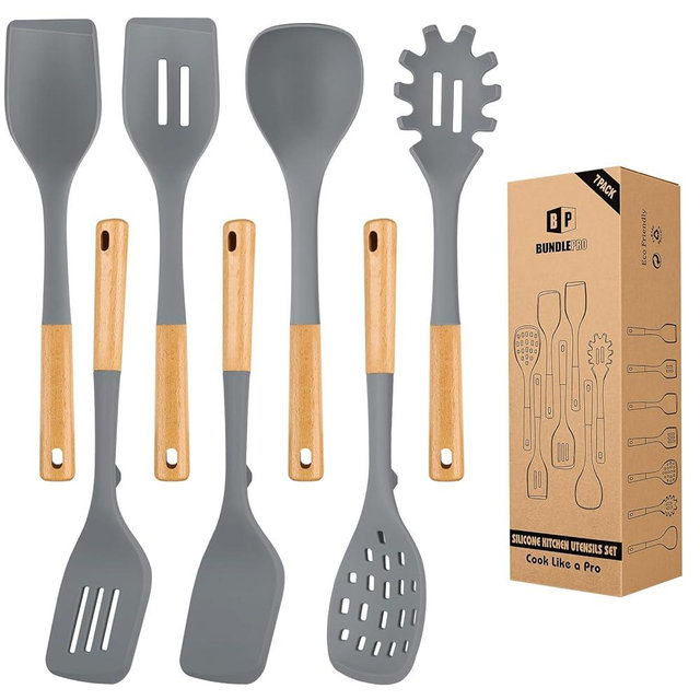 Silicone Kitchen Utensil Set for Non Stick Cookware, 7 Pcs Heat Resistant Cooking Utensils with Wooden Handle, BPA Free Kitchen Tools with Spatulas, Spoons, Skimmer and Pasta Fork (GRAY)