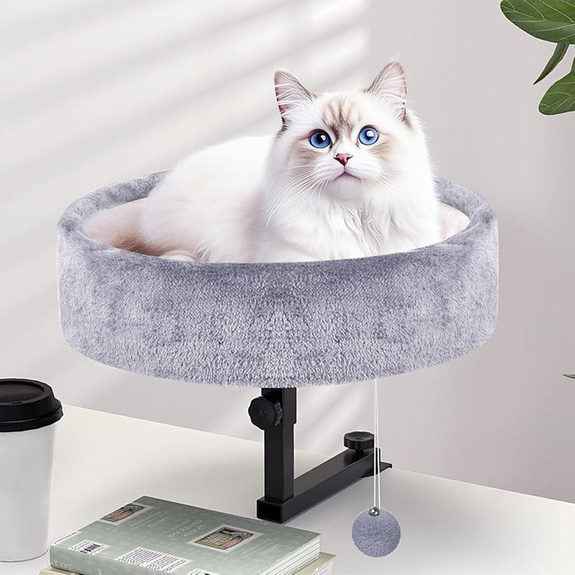Chumajor Cat Desk Bed - 360° Rotating & Adjustable, Supports 44 lbs, Soft Faux Fur, Modern Indoor Cat Nest Furniture for Office Desks and Game Tables, Island Table
