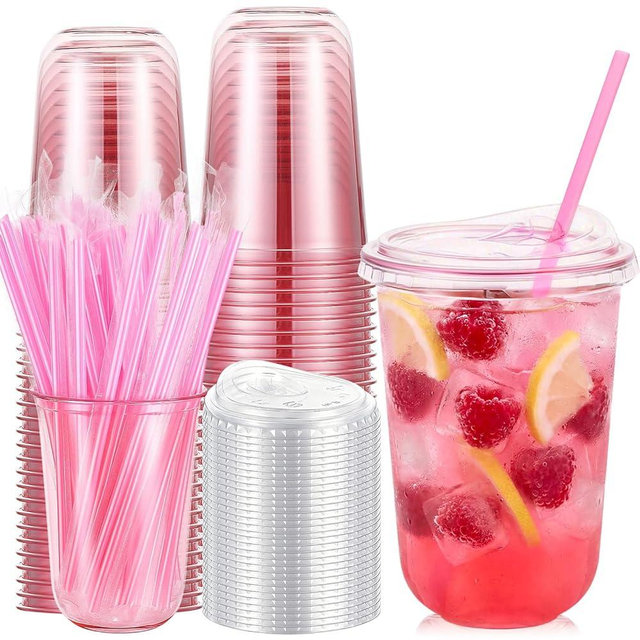 Ziliny 50 Pack 16oz Pink Clear Plastic Cups with Lids and Straws, PET Disposable Drinking Cups, Disposable Iced Coffee Cup for Smoothies, Cold Drinks, Parties, Wedding, Meeting, Drink Shops