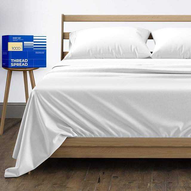 THREAD SPREAD 100% Egyptian Cotton Sheets Queen Size - 1000 High Thread Count Sheets Queen, 4 PC White Luxury Hotel Queen Sheet Set, 16" Deep Pocket Sateen Weave Soft Cooling Bed Sheet Set