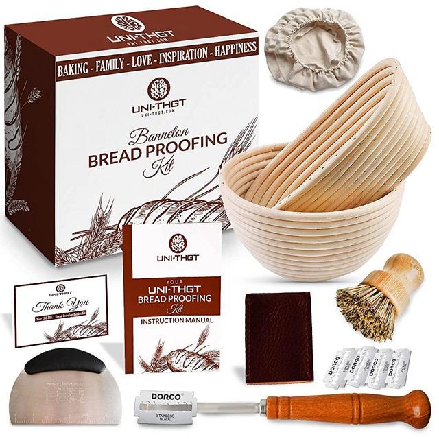 UNI-THGT Bread Proofing Basket – 9’’ & 10’’ Banneton Bread Baking Bowl – Round & Oval Sourdough Set - Dough Scraper, Scoring Lame, Cleaning Brush, Linen Liner Cloth Kitchen Supply Weaved Rattan