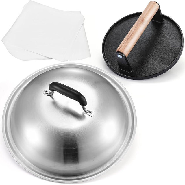 Griddle Accessories for Blackstone, 7" Round Cast Iron Smash Burger Press, 12.5" Heavy Duty Griddle Dome & Burger Patty Papers for Hamburger Bacon Steak, Perfect for Blackstone Flat Top Griddle Grill