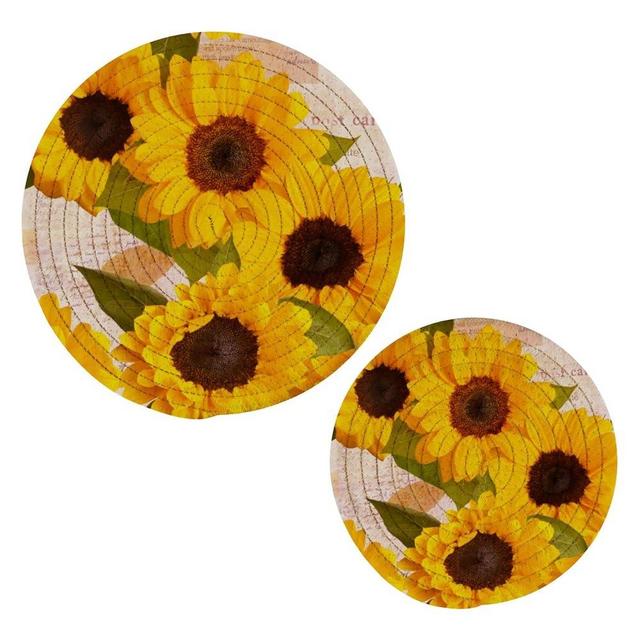 QwThum Trivets for Hot Dishes, Pots and Pans Potholders Woven Trivet Cotton Round Large Pot Holder Decor Heat Resistant Hot Pads Mat for Table Counter Cooking Potholder Set of 2 (7in + 9in) Sunflower