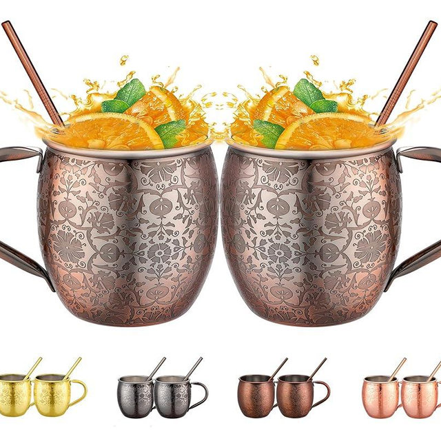 UNISWEET Moscow Mule MugsSet of 2-18 Oz Copper-Plated Fine Craftsmanship Etched Mugs,304 Stainless Steel-Lined Mule Cups,For Cold Drinks, Beer, Wine, Bars, Parties