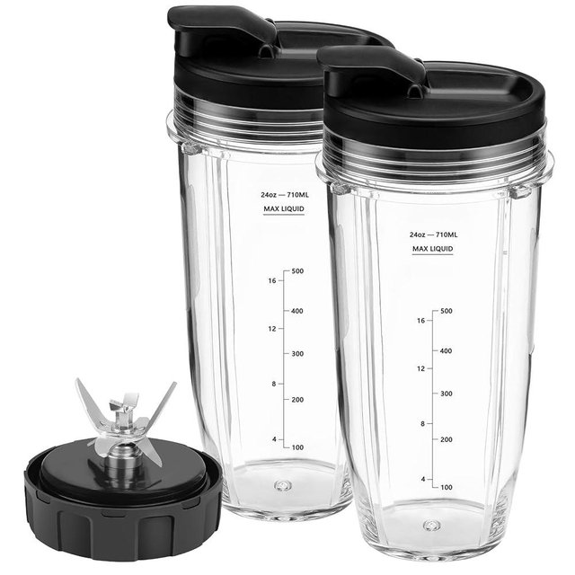 Blender Replacement Parts 24oz Ninja Blender Cups with To-Go Lids, 7 Fins Extractor Blade, Compatible with Nutri Ninja Auto iQ Blenders BL2012 BN801 BL480 BL642 BL682 NN102 NN100