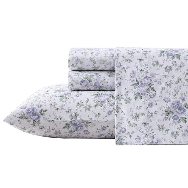 Laura Ashley - Queen Sheet Set, Soft Sateen Cotton Bedding Set - Sleek, Smooth, & Breathable Home Decor (Lilian Purple, Queen)