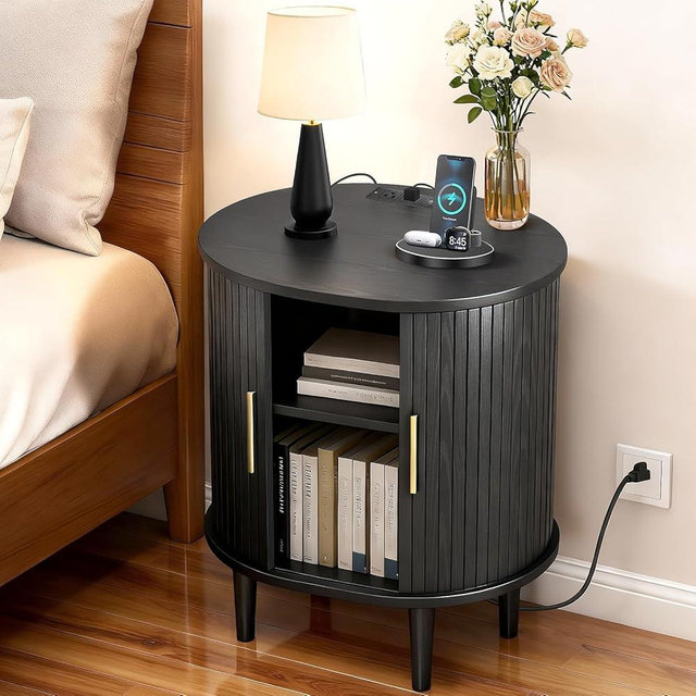 DHH Mid Century Modern Nightstand with Charging Station, Fluted Accent Side Table with Sliding Door & Adjustable Shelf, End Table for Small Space, Living Room, Bedroom,Sofa Couch (1, Black)