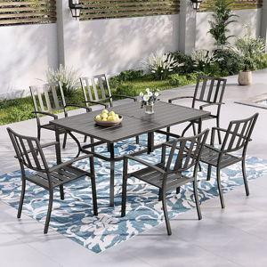 Sunshine Valley Outdoor Table and Chairs 7 -Piece Black Patio Dining Set Steel Rectangle Table with 6 Stackable Stationary Chairs