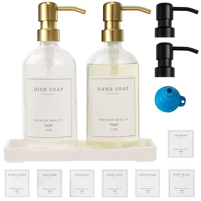 Glass Soap Dispenser for Kitchen Sink,Farmhouse Kitchen Dish Soap Dispenser&Hand Soap Dispenser Set,Rustproof Pump Soap Dispenser Bathroom with Tray,Waterproof Label for Kitchen Decor(Clear
