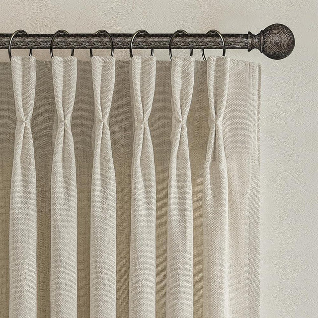 Warm Beige Light Filtering Curtains 63 Inches Long for Kitchen Window Over Sink, Natural Linen Blend Pinch Pleated Drapes Privacy Sheer Taupe Curtain 5-1/4 FT Length Cafe Mini Burgs(Panels of 2 Set)