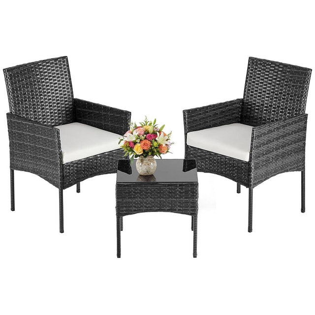DUMOS 3-Piece Patio Furniture Set, All-Weather Outdoor Wicker Chairs with Removable Cushions & Tempered Glass Table, Small Bistro Set for Porch, Balcony, Lawn, Backyard, Black