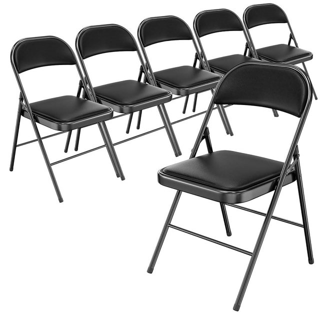 Bonnlo Folding Chair with Comfortable Padded Cushion and Back, Portable Folding Chairs for Outside, Office Events, Weddings, Pu Leather, 6 Black