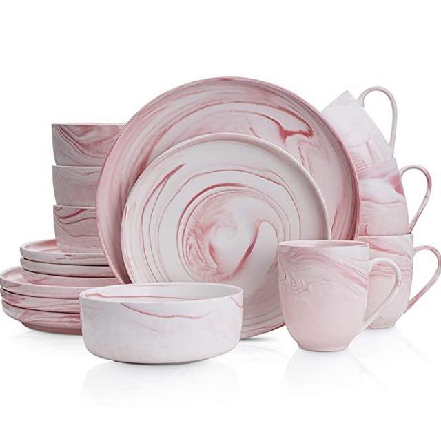 Stone Lain Marble Fine China Dinnerware Set, 16 Piece Service for 4, Matte Pink