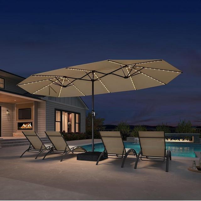PURPLE LEAF 15ft Patio Market Umbrella with Solar Lights and Base Double-Sided Rectangle Outdoor Table Sun Umbrellas with Crank for Pool Beach Deck Backyard Khaki