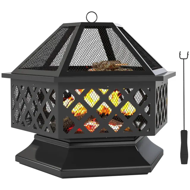 Outsunny 28" Outdoor Fire Pit with Grill, Wood Burning Firepit with Poker and Lid, Hexagon Fireplace for Patio Bonfire Backyard BBQ Camping Picnic