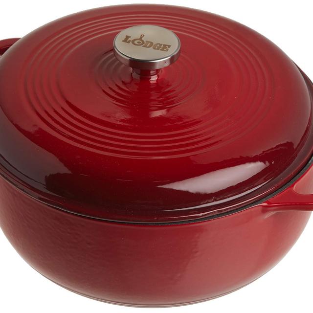 Lodge Enameled Cast Iron Dutch Oven With Stainless Steel Knob and Loop Handles, 6 Quart, Red