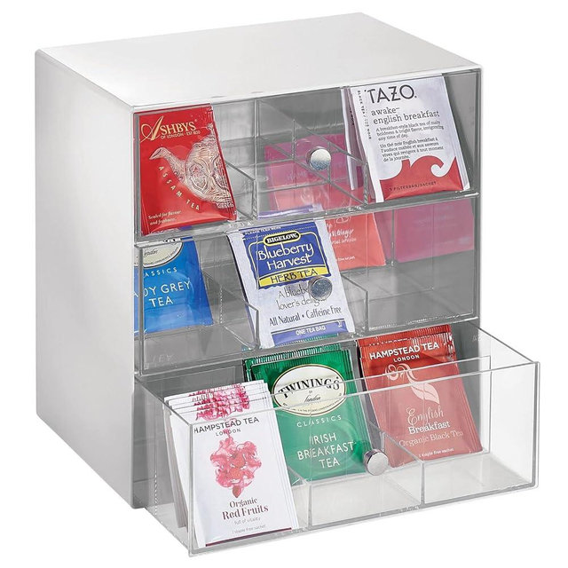 mDesign Plastic Tea Bag Caddy Box Storage Container Organizer Holder with 3 Drawers - for Kitchen Pantry, Cabinet, Countertop - Holds Coffee, Sugar Packets - Lumiere Collection, Light Gray/Clear