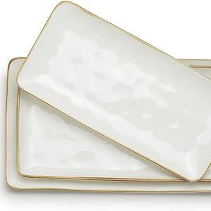 famiware Serving Platter, Rectangular 15.67/14.1/12.6inch Serving Dishes for Entertaining, Microwave Dishwasher Safe, Stoneware Serving Trays for Party, Turkey, Cheese, Ocean Series, Vanilla White