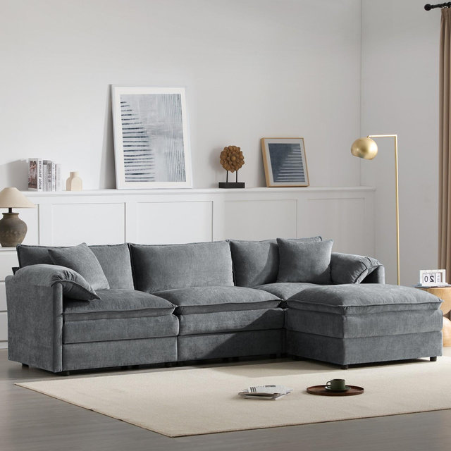 4 Seat Modular Sectional Sofa, L Shaped Cloud Sofa Couch Set, Upholstered Oversized Sofa Chair with Movable Ottoman, Dark Gray -ModernLuxe