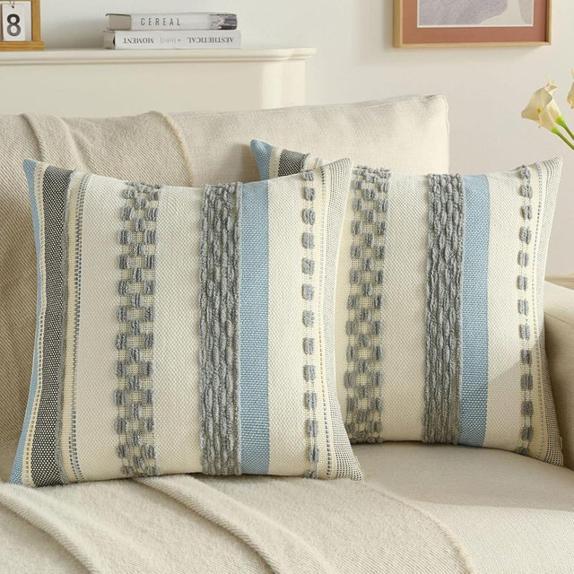 FUTEI Grey Decorative Throw Pillow Covers 18x18 Inch Set of 2, Soft Tufted Striped Textured Accent Cushion Case,Boho Pillows for Couch Decor