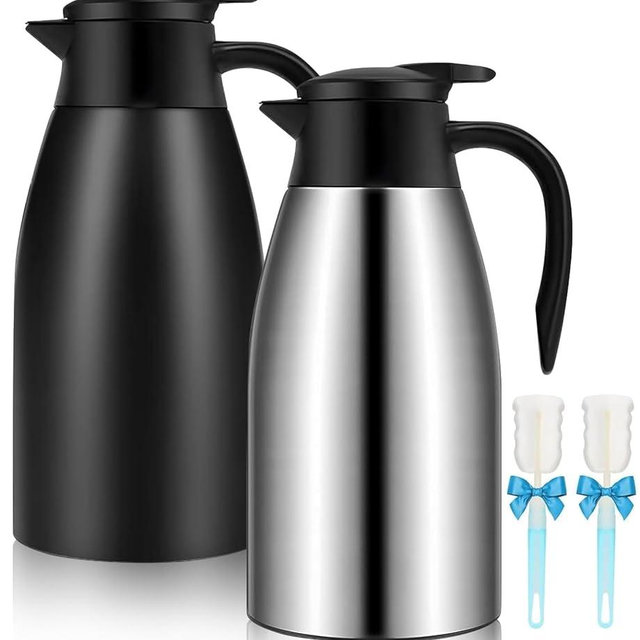 68oz Thermal Coffee Carafe, 2 Pack Airpot Insulated Coffee Urn Stainless Steel Vacuum Thermal Pitchers for Coffee, Hot Water, Tea, Beverage - Keep 12 Hours Hot, 24 Hours Cold (Silver, Matte Black)