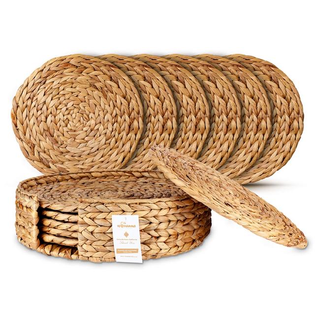 Wovanna Woven Placemats for Dining Table - Set of 6 Adorable Thick Rustic Round Kitchen Placemats with Decorative Round Holder – All Natural Wicker Tablemats Hand-Braided from Water Hyacinth, 14.5"