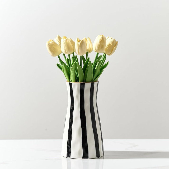 SIDUCAL Elegant Black and White Striped Ceramic Vase – Modern Home Décor Flower Vase for Living Room, Office, Dining Room, Shelf, Entryway, Wedding, Table