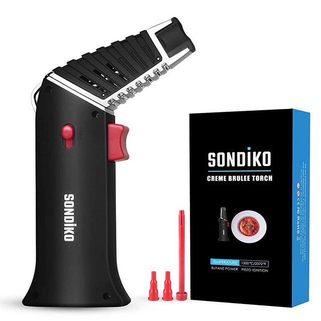Butane Torch, Sondiko Blow Torch Lighter with Rotatable Torch Head, Safety Lock, Adjustable Flame for Creme Brulee, BBQ, Baking, Dab(Butane Gas Not Included)