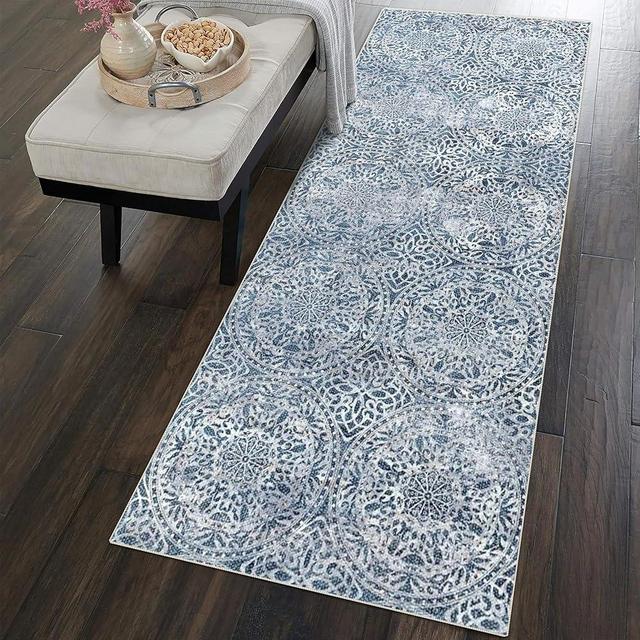 vivorug Runner Rug 2'x7' Machine Washable Non-Slip Runners for Hallways Kitchen Entryway Laundry Room Vintage Medallion Carpet Hallway Runner Blue