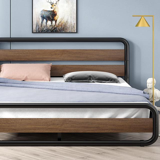 SHA CERLIN King Platform Bed with Wooden Headboard and Footrest, Strong Matte Iron Support Frames, Under-Bed Storage, Noise-Free, No Box Spring Needed,Walnut