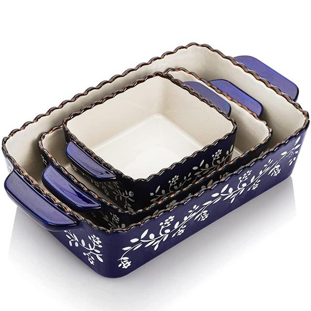 AVLA 3 Pack Ceramic Bakeware Set, Porcelain Rectangular Baking Dish Lasagna Pans for Cooking, Kitchen, Casserole Dishes, Cake Dinner, 12 x 8.5 x 6 Inches of Baking Pans, Banquet and Daily Use, Cobalt Blue