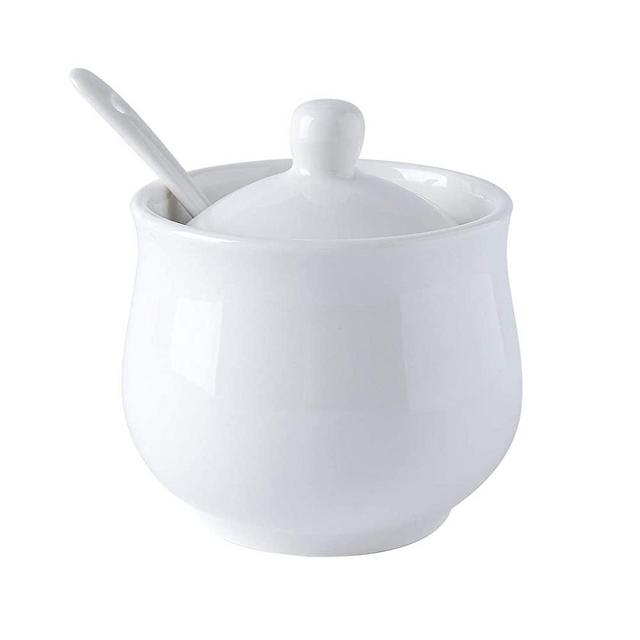 Yelife Ceramic Sugar Bowl with Lid and Spoon, White Porcelain Sugar Salt Pepper Storage Jar, 7 Ounces