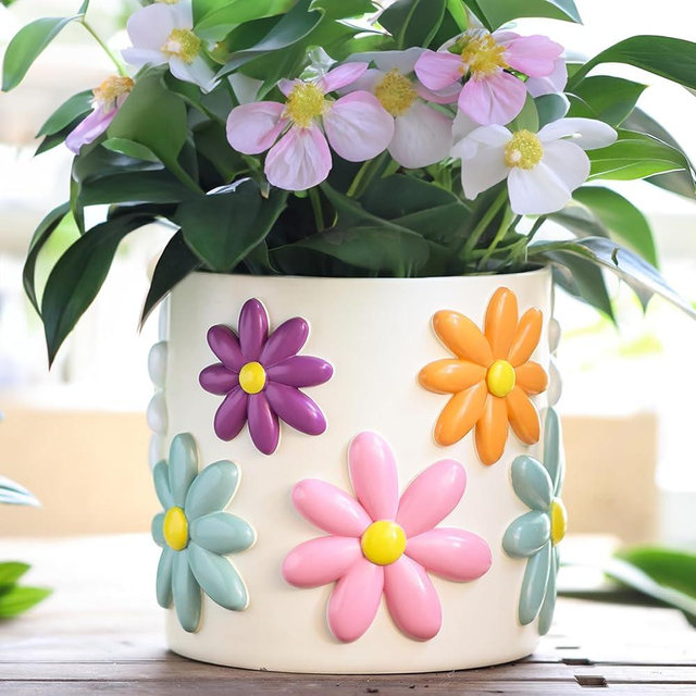 GUGUGO Cute Daisy Planters, Decorative Plant Pots with Drainage Holes, Funny Unique Flower Pot for Indoor Plants, Colorful Succulent Gardening Pot for Boho Modern Home Décor (White, 5 Inch)
