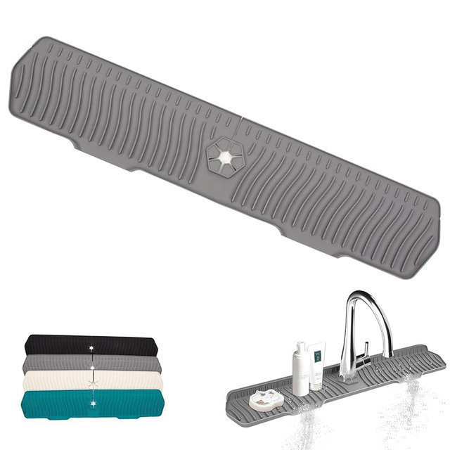 Kitchen Sink Faucet Mat, 30" x 6'' Silicone Faucet Guard & Draining Mat, 90° Foldable Faucet Mat for Kitchen Sink with 2 Water Ports, Splash Guard Kitchen Sink Mat (Gray)