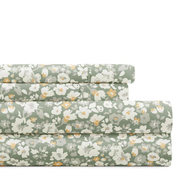 Delicate Blossoms Floral Patterned Ultra-Soft 4 Piece Bed Sheet Set - Becky Cameron, Floral Dream Eucalyptus, Queen