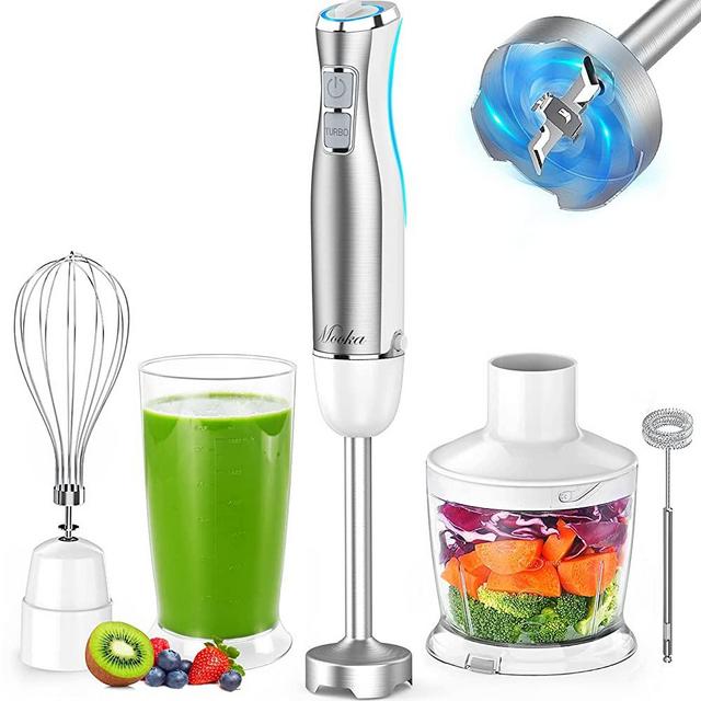 Hand Blender, 5 in 1 Multi-Purpose Immersion Blender set, 1100 watts 12 Adjustable Speed Stick Blender, 600ml Beaker, 500ml Food Processor Container, Egg Whisk, Milk Frother Attachments, White