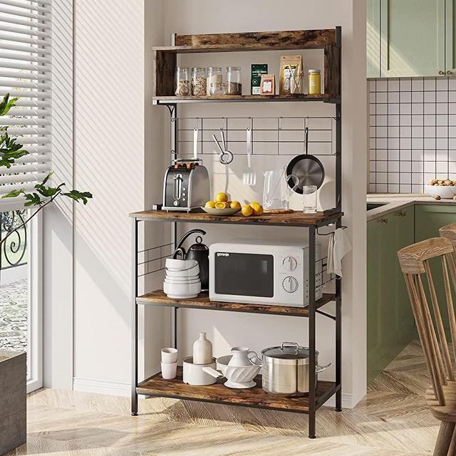 Kitchen Baker's Rack Coffee Station Microwave Oven Stand Kitchen Shelf with Hutch 8 Side Hooks Free Standing Utility Storage Shelf for Kitchen Dining Room Living Room