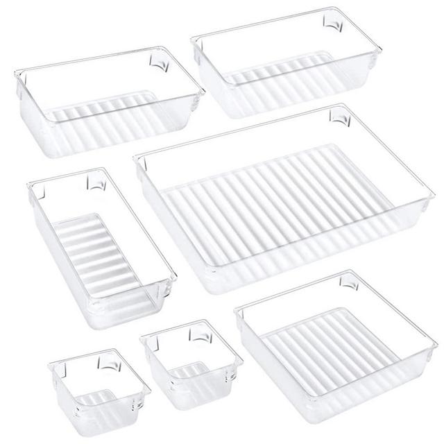 Puroma 7pcs Desk Drawer Organizer Set 4-Size Drawer Tray Dividers Versatile Vanity and Desk Drawer Storage Bins, Customize Layout Organizer Container for Dresser Makeup Kitchen Bathroom Bedroom Office