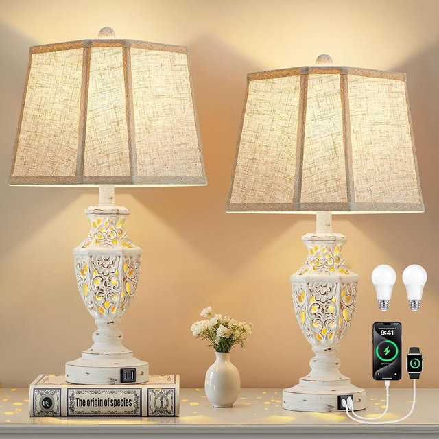 Lamps for Night Stands Set of 2-23.5" Boho Bedside Lamp with USB A+C and Nightlight - Cream Rustic Carved Resin Farmhouse Table Lamp for Bedrooms, End Tables, Living Room, Bulbs Included