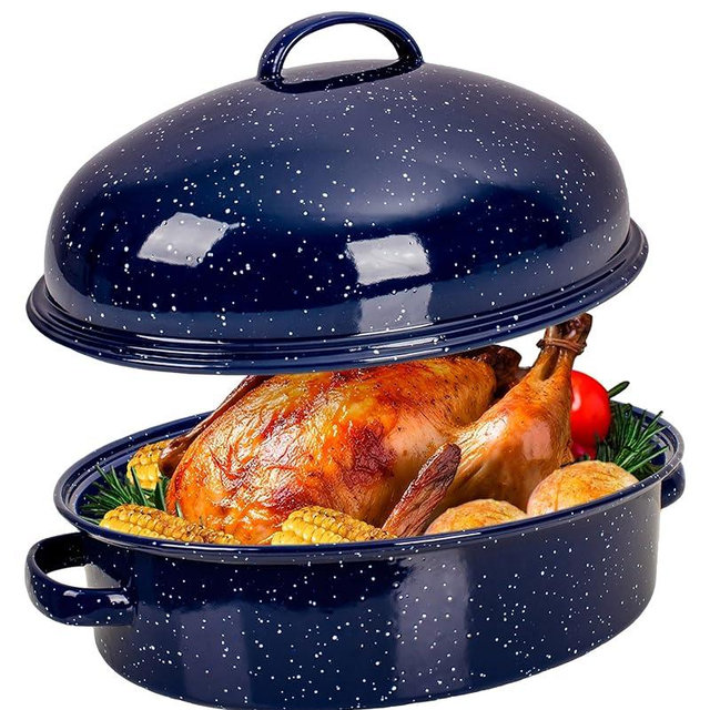 Roasting Pan with Lid and Rack 18" Deep Large Oval Enamel Roaster Pan, Non Stick Roast Pot for Turkey Steak, Roasts & Bread, Christmas Parties and New Year Dinner Gatherings Gift Packaging