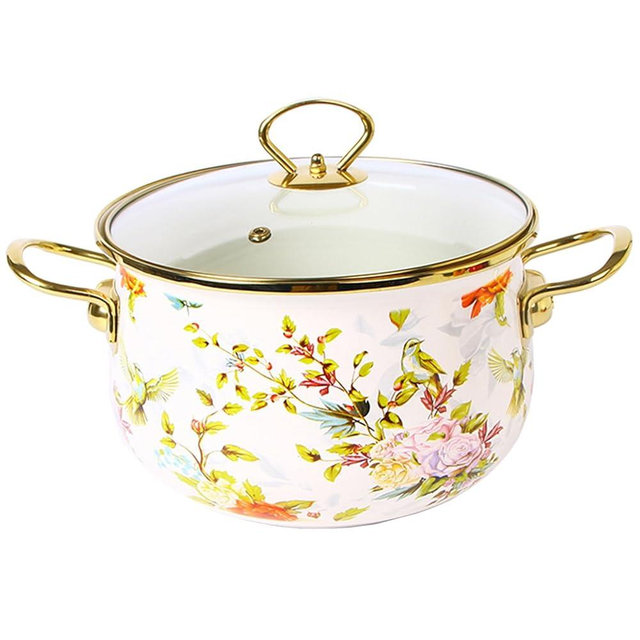 FENNVV Enamel Simmer Pot with Lid, Deep Vintage Flower Stew Cooking Pot, Nonstick Thicken Saucepan with Glass Lid and Dual Handles, Large Soup Pot Safe for Induction Cookers and Stove,18cm/7.1inch