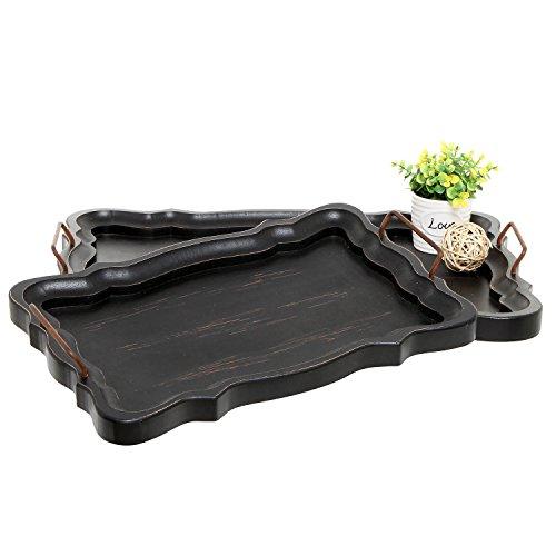 MyGift Set of 2 Rustic Black Brown European Vintage Style Wood Serving Trays/Platters with Metal Handles