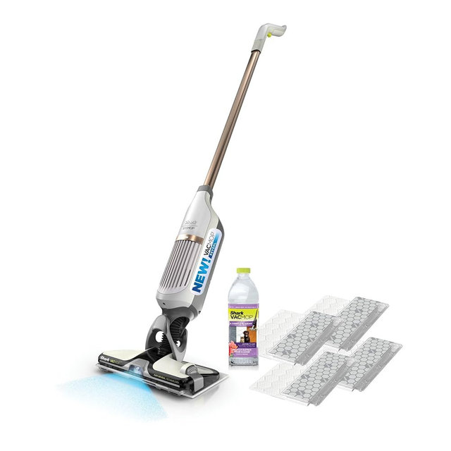 Shark VACMOP Reveal Cordless Hard Floor Cleaner, Vacuum & Spray Mop, Powerful Suction, Lightweight, Illumination Light, 4 Disposable Pads, 12oz Pet Multi-Surface Cleaning Solution, Ivory, VM401IV