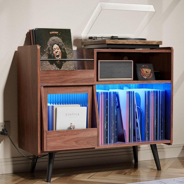Large Record Player Stand,Turntable Stand Shelf with with Power Outlet and LED Light,Vinyl Record Storage Cabinet Up to 350 Albums, Wood Record Player Holder Table for Living Room