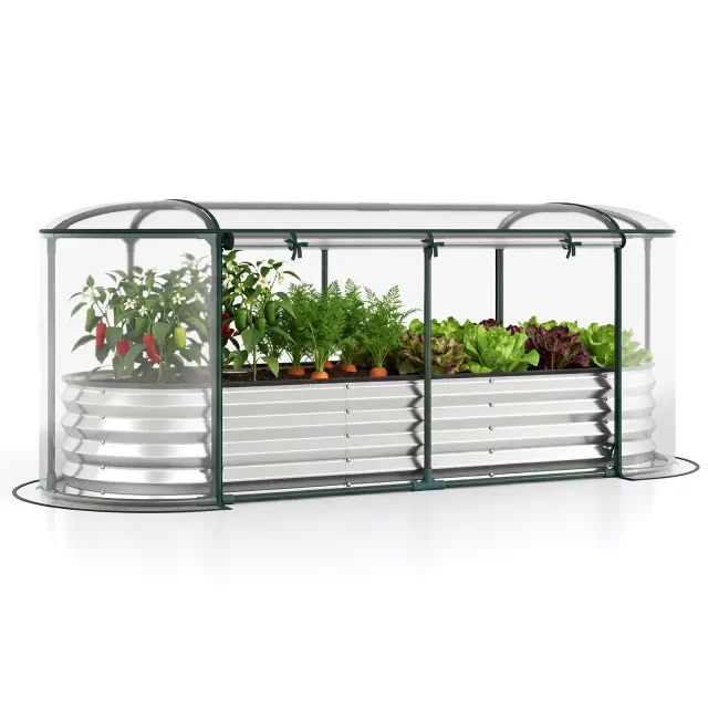 Costway 6 x 2 x 1 FT Color Steel Raised Garden Bed with Greenhouse Cover, Roll-up Window Silver+Transparent