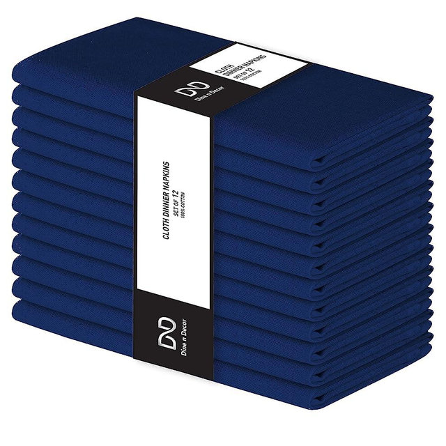 Dine n Decor Set of 12 Cloth Dinner Napkins 100% Cotton - Soft Durable Washable - Ideal for Farmhouse Party Weddings Christmas Easter - Perfect Everyday Use Table Linen Cloth Napkins Navy Blue 17x17