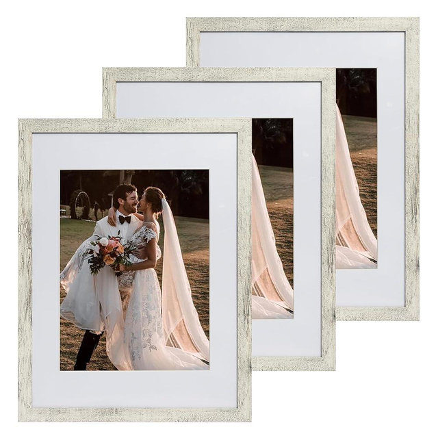 TransGreen 12x16 Farmhouse Picture Frames Set of 3, Photo Frame Display 9x12 Pictures with Mat or 12x16 without Mat, Hang on the Wall, Distressed White