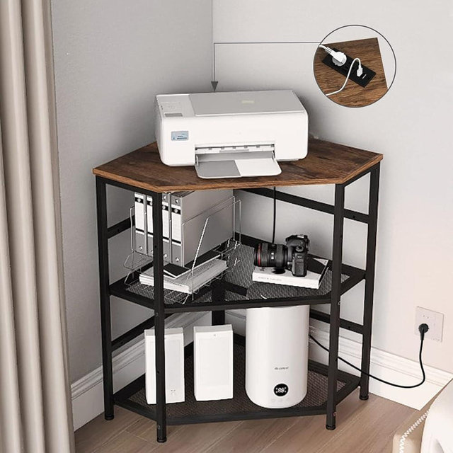 VEDECASA Corner Printer Stand with Power Outlet Charging Plugs USB Port Adjustable Storage Shelf Computer Tower CPU Stand Holder for Home Office